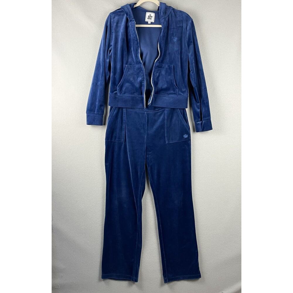 Juicy Couture Velour Tracksuit Set Womens Large Navy Blue Hoodie‎ Pants FLAWS